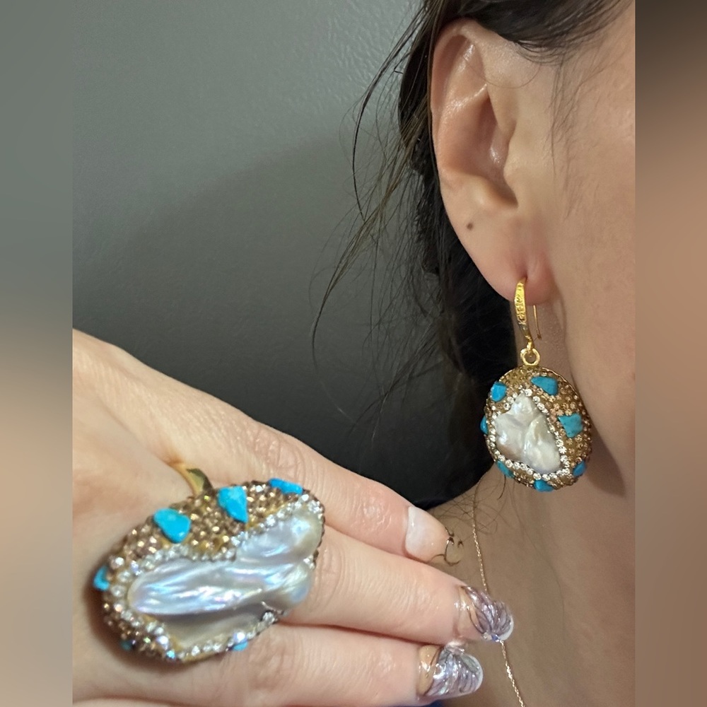 Stunning Set Baroque BoHo Court-style Turquoise and Cubic Zirconia Earrings/Ring